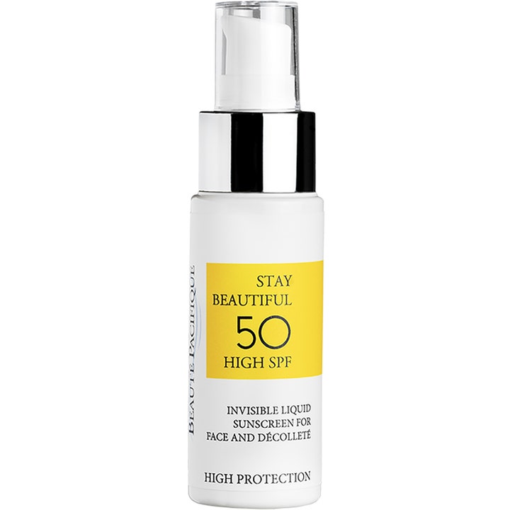 Beauté Pacifique Stay Beautiful SPF 50 aurinkovoide valkoisessa pumppupullossa keltaisella etiketillä.