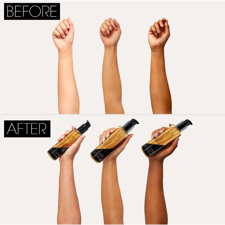 St.Tropez Self Tan Luxe Body Serum 200 ml itseruskettava seerumi luo hehkua kolmelle eri ihonsävylle ennen ja jälkeen.