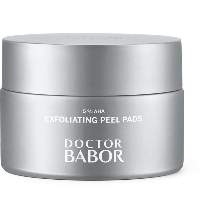Doctor Babor Exfoliating Peel Pads kirkastavat 5 % AHA kuorintalaput tyylikkäässä hopeanvärisessä purkissa.