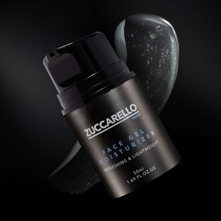 Zuccarello Men Face Gel Moisturizer 50 ml virkistävä kasvogeeli mustassa pumppupullossa harmaalla tekstuurilla