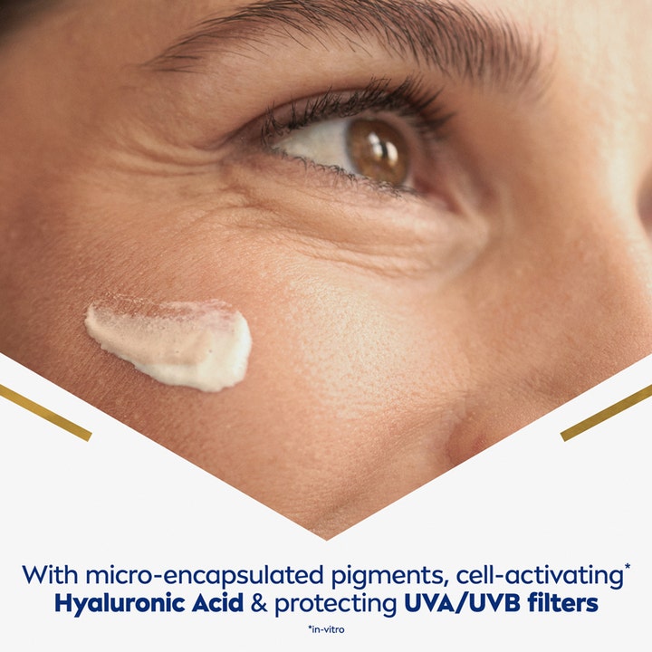 NIVEA LUMINOUS 630 Cellular Tinted Fluid 40 ml sävytetty päivävoide pisara iholla ja teksti hyaluronihaposta