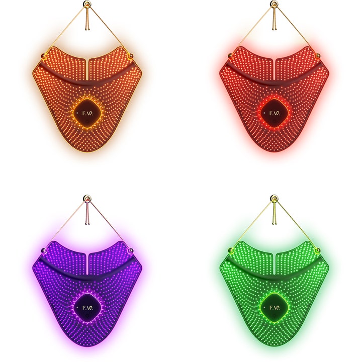 FAQ Swiss FAQ 211 LED Neck & Décolleté Mask 1 kpl LED-naamio, joka hehkuu oranssina, punaisena, liilana ja vihreänä.