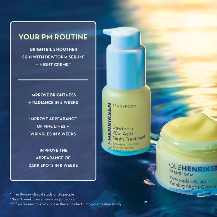 Ole Henriksen Dewtopia 5% Acid Firming Night Crème 50 ml kiinteyttävä yövoide keltaisessa purkissa kirkastamaan ihoa.