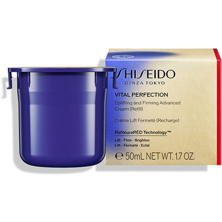 Shiseido Vital Perfection Advanced Cream Refill 50 ml kiinteyttävä kasvovoide tummansininen täyttöastia ja kultainen pakkaus