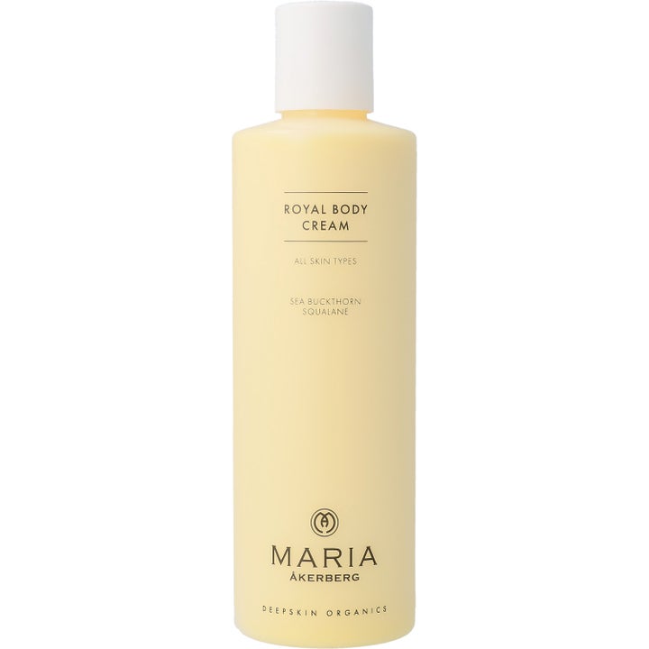Maria Åkerberg Royal Body Cream ravitseva vartalovoide tyrnillä ja skvalaanilla keltaisessa pullossa valkoisella korkilla.