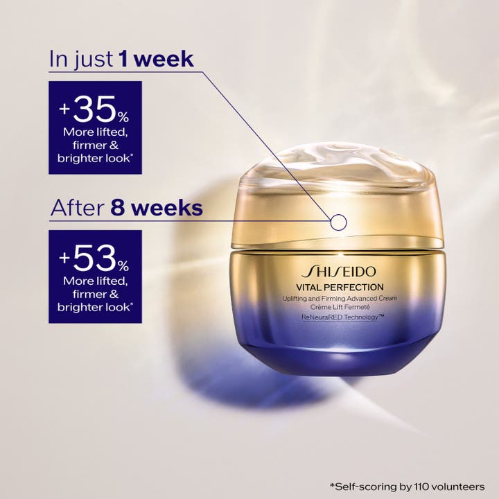 Shiseido Vital Perfection Advanced Day Cream 50 ml kirkastava päivävoide tuo jopa 53 % kohotetumman ja kiinteämmän ilmeen.