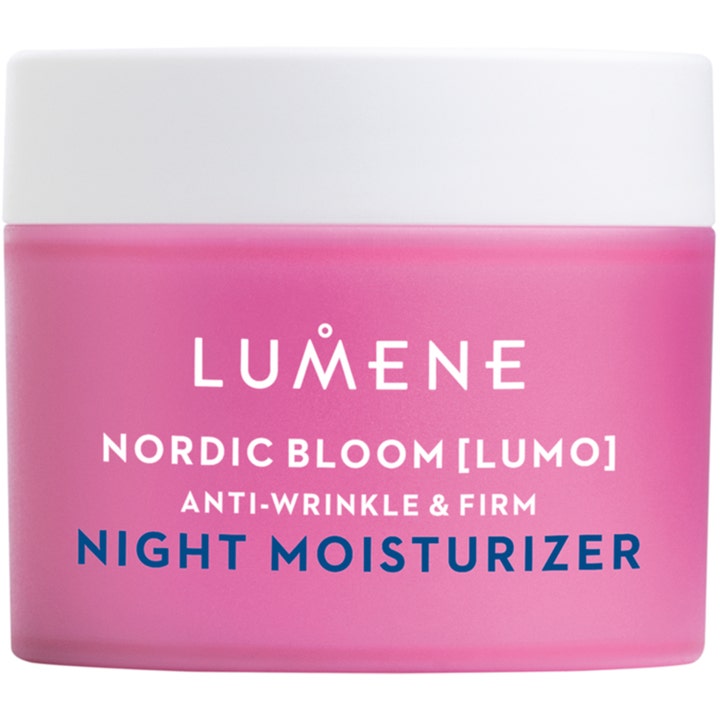 Lumene Nordic Bloom Lumo Anti-Wrinkle & Firm yövoide silottaa ryppyjä vaaleanpunaisessa purkissa jossa on valkoinen kansi