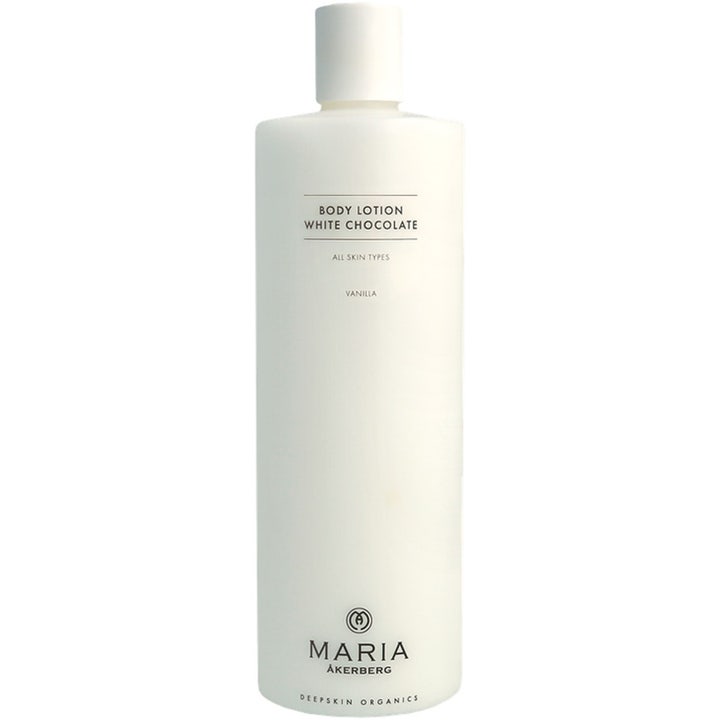 Maria Åkerberg Body Lotion White Chocolate pehmentävä vartalovoide valkoisessa sylinterinmuotoisessa muovipullossa.