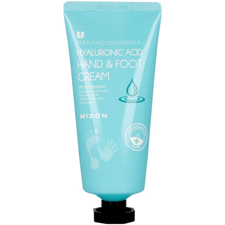 Mizon Hyaluronic Acid Hand & Foot Cream kosteuttava voide turkoosissa tuubissa jossa on musta korkki
