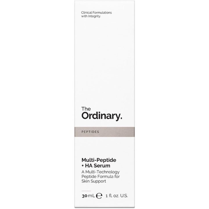 The Ordinary Multi-Peptide + HA Serum 30 ml silottava kasvoseerumi valkoisessa pahvipakkauksessa.
