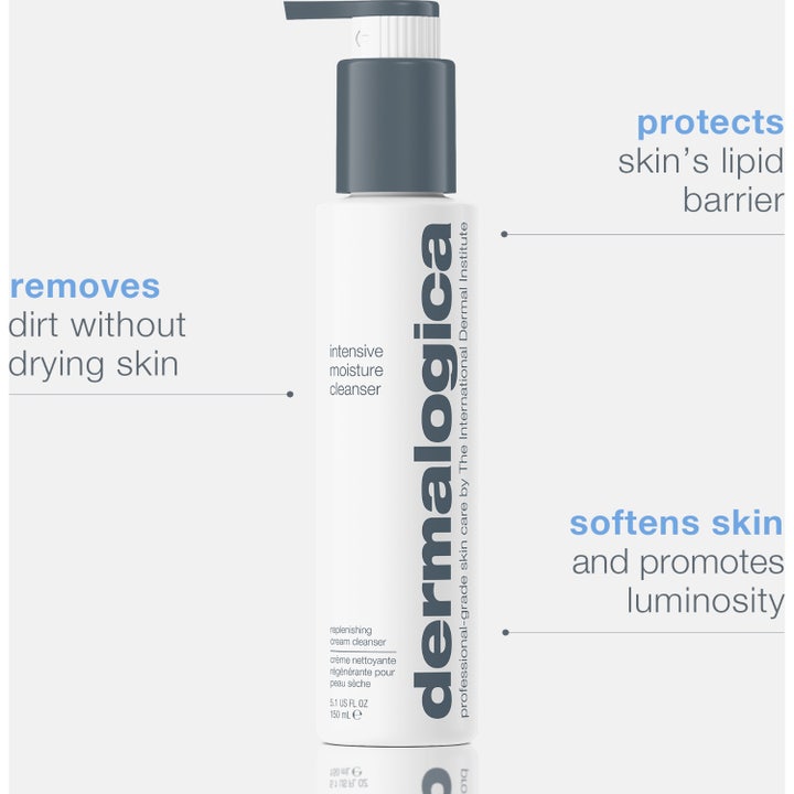 Dermalogica Intensive Moisture Cleanser 295 ml ravitseva puhdistusaine harmaassa pakkauksessa sinisellä kuviolla.