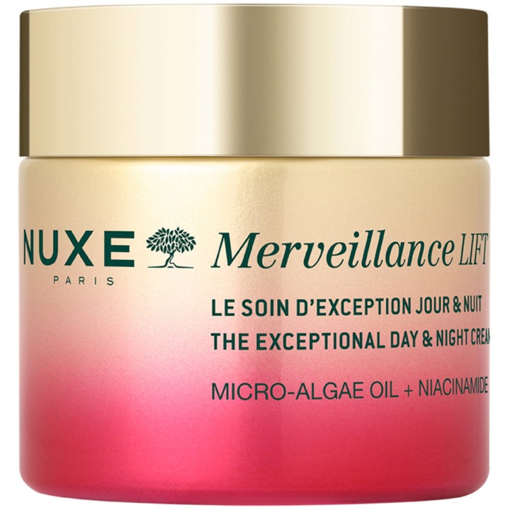 Nuxe Merveillance LIFT Day & Night Cream silottava kasvovoide niasiiniamidilla kultakantisessa purkissa
