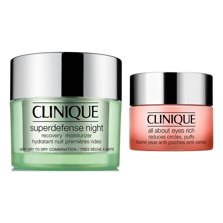 Clinique Superdefense Night ja All About Eyes Rich elvyttävä yö- ja silmänympärysvoide vihreässä ja pinkissä purkissa.