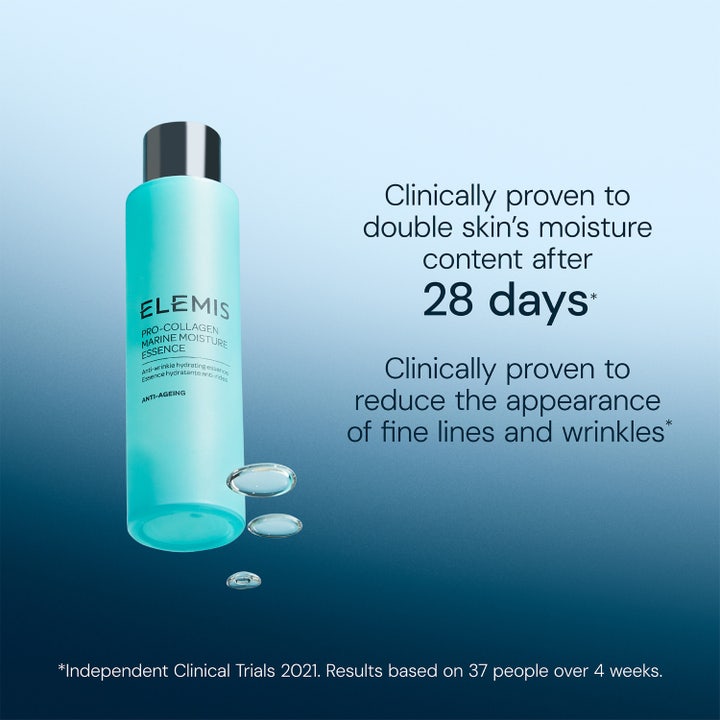 Elemis Pro-Collagen Marine Moisture Essence 100 ml hoitoneste turkoosissa pullossa lisää kosteutta ja silottaa juonteita