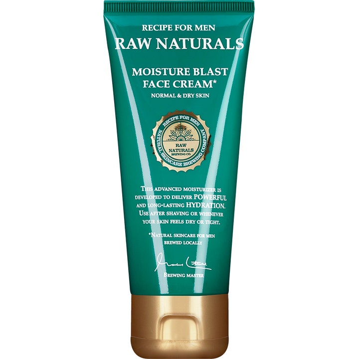 Recipe for Men Raw Naturals Moisture Blast Face Cream syväkosteuttava kasvovoide vihreässä tuubissa pronssisella korkilla