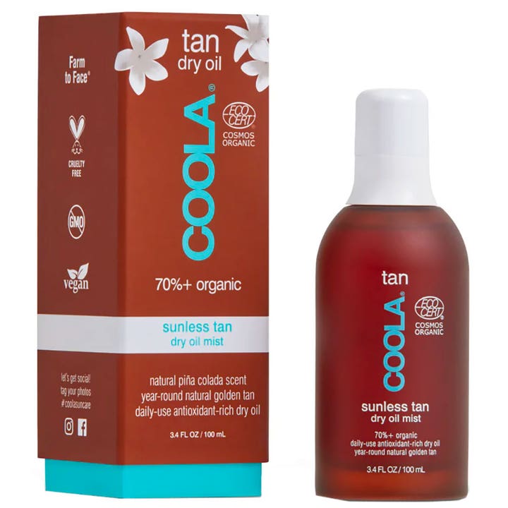 COOLA Sunless Tan Dry Oil Mist 100 ml itseruskettava kuivaöljy antaa päivetyksen ruskeassa pullossa ja pakkauksessa.