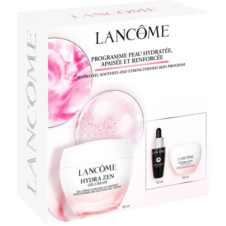 Lancôme Hydra Zen Routine Set 1 kpl kosteuttava ihonhoitosetti valkoisessa pakkauksessa, jossa on geelivoide.