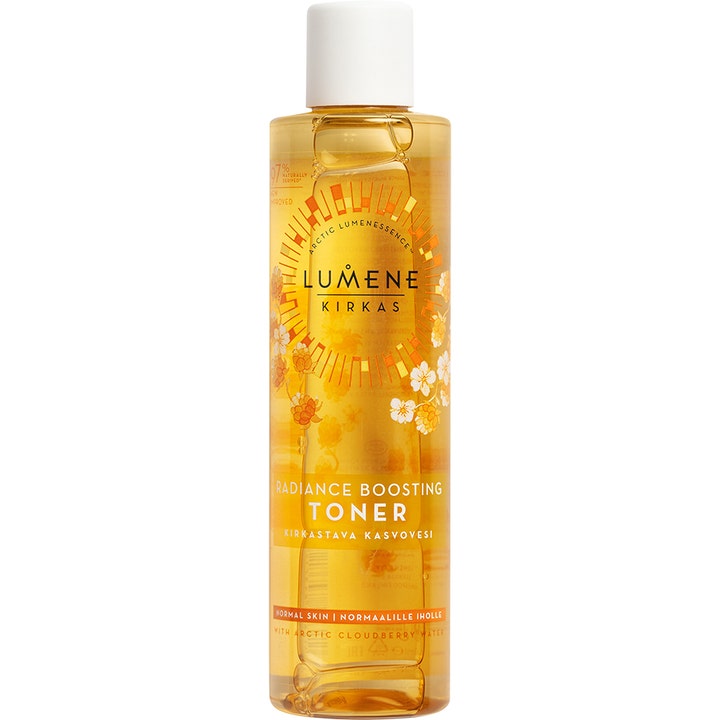 Lumene Kirkas Radiance Boosting Toner heleyttävä kasvovesi kirkkaassa oranssissa pullossa valkoisella korkilla.