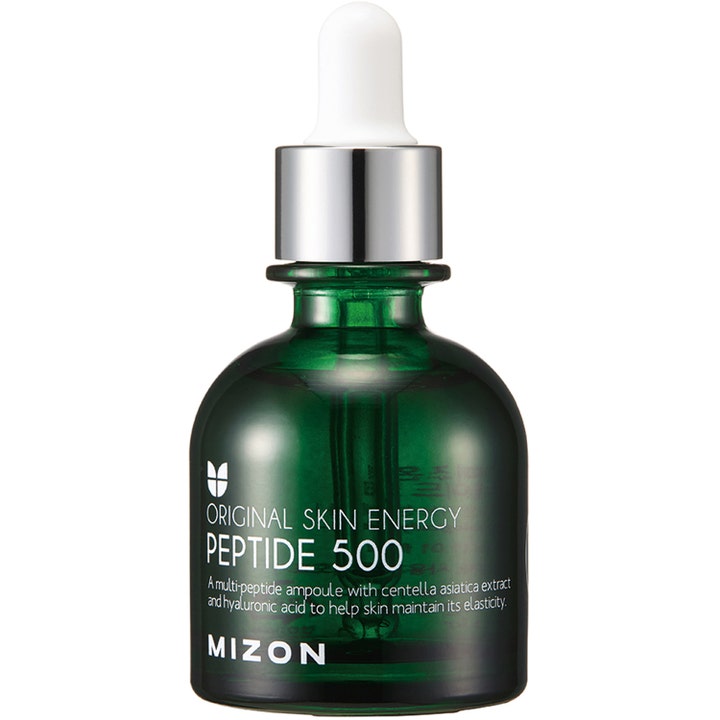 Mizon Peptide 500 30 ml kiinteyttävä ampulli vihreässä lasipullossa, jossa on hopeinen korkki ja valkoinen pipetti.