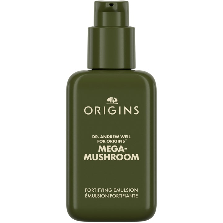 Origins Mega-Mushroom Fortifying Emulsion 100 ml vahvistava kasvoseerumi tummanvihreässä pumppupullossa.