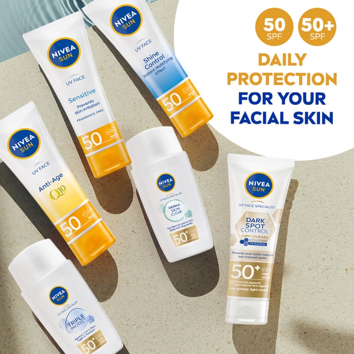 Nivea Sun UV Face Shine Control Cream 50 ml aurinkovoide kasvoille osana merkin monipuolista suojatuotevalikoimaa.