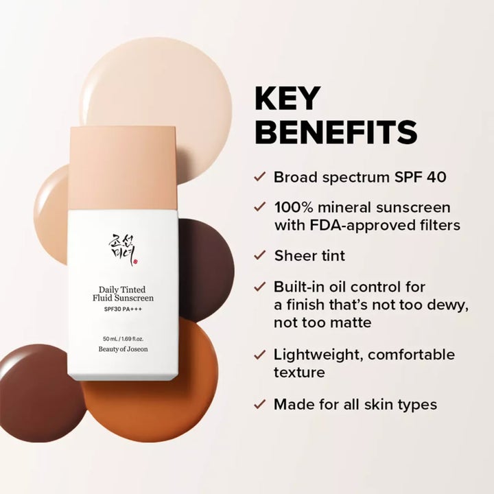 Beauty of Joseon Daily Tinted Fluid Sunscreen 50 ml sävyttävä aurinkovoide kasvoille eri ihonsävyjen ympäröimänä.