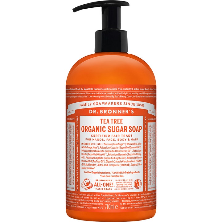 Dr. Bronner’s Tea Tree Organic Sugar Soap 710 ml puhdistussaippua oranssissa pumppupullossa.