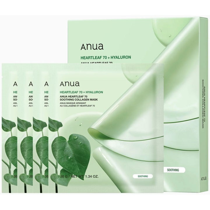 Anua Heartleaf 70 + Hyaluron Soothing Collagen Mask 38 g rauhoittava kangasnaamio vaaleanvihreässä pakkauksessa