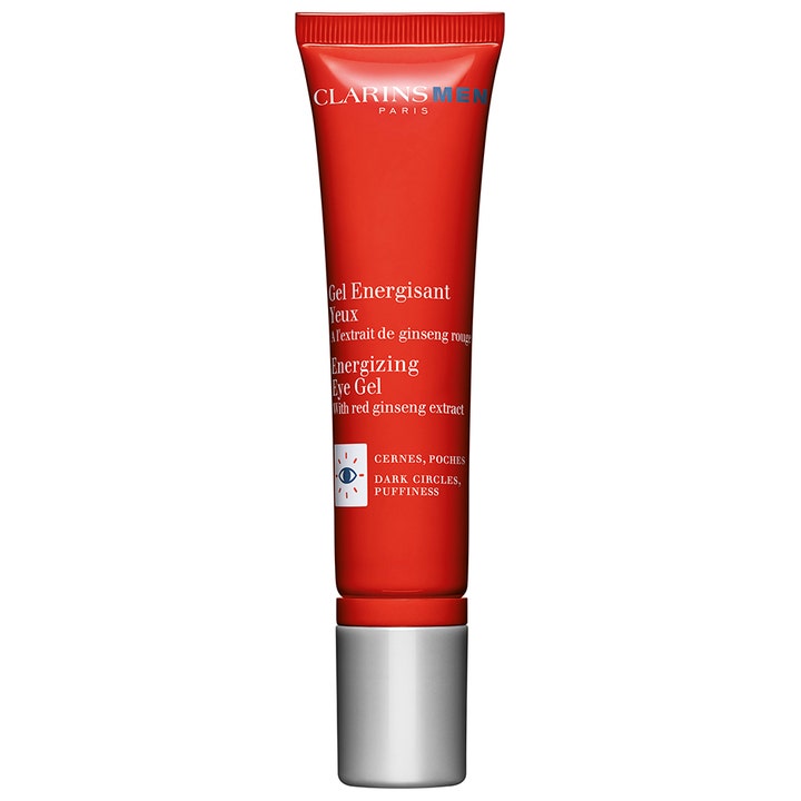 ClarinsMen Energizing Eye Gel 15 ml virkistävä silmänympärysgeeli vähentää turvotusta punaisessa tuubissa hopeakorkilla.
