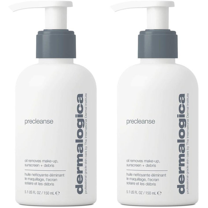 Dermalogica Precleanse 150 ml puhdistusöljy poistaa meikin kahdessa valkoisessa pullossa joissa on harmaat pumput.