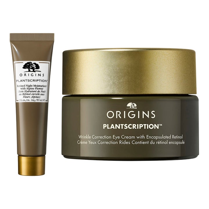 Origins Plantscription Retinol 30 ml yövoide ja silmänympärysvoide silottavat ryppyjä vihreissä kultakantisissa pakkauksissa.