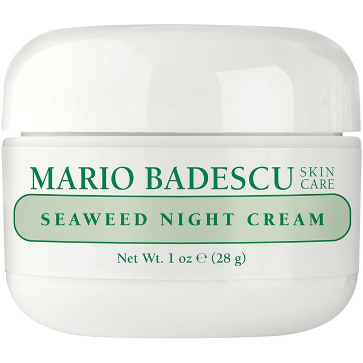 Mario Badescu Seaweed Night Cream 28 g elvyttävä yövoide valkoisessa muovipurkissa vihreällä tekstillä