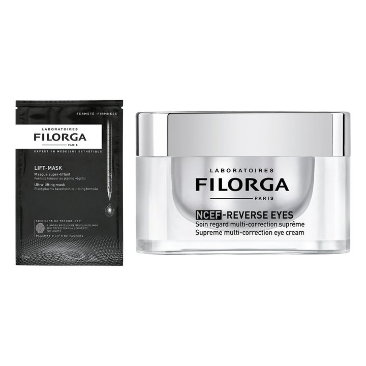 Filorga Lift-Mask ja NCEF-Reverse Eyes kiinteyttävä kangasnaamio mustassa pussissa ja silmänympärysvoide hopeisessa purkissa.