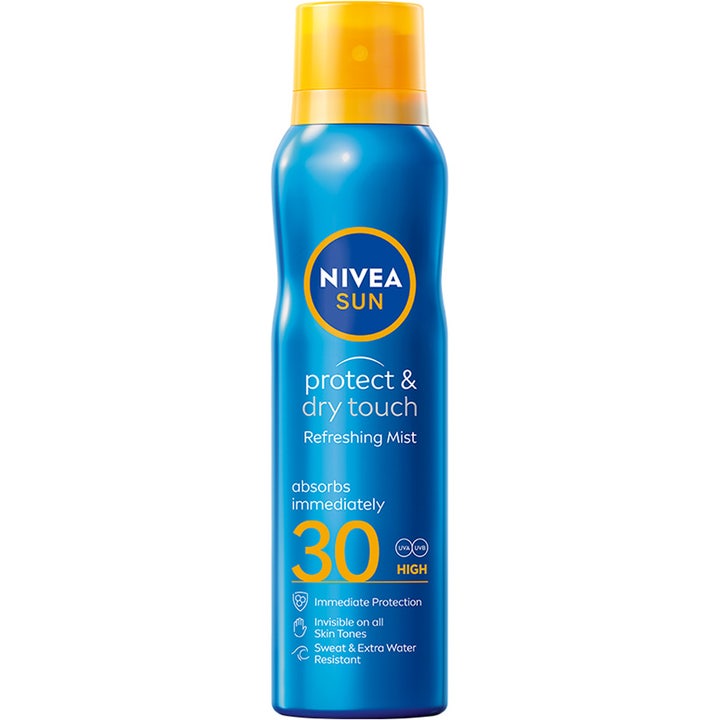 Nivea Sun Protect & Dry Touch Refreshing Mist SPF 30 200 ml aurinkosuojasuihke sinisessä pullossa keltaisella korkilla.