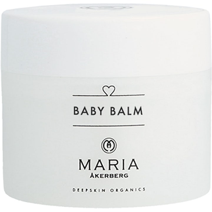 Maria Åkerberg Baby Balm pehmentävä voide vauvalle valkoisessa muovipurkissa mustalla painatuksella.