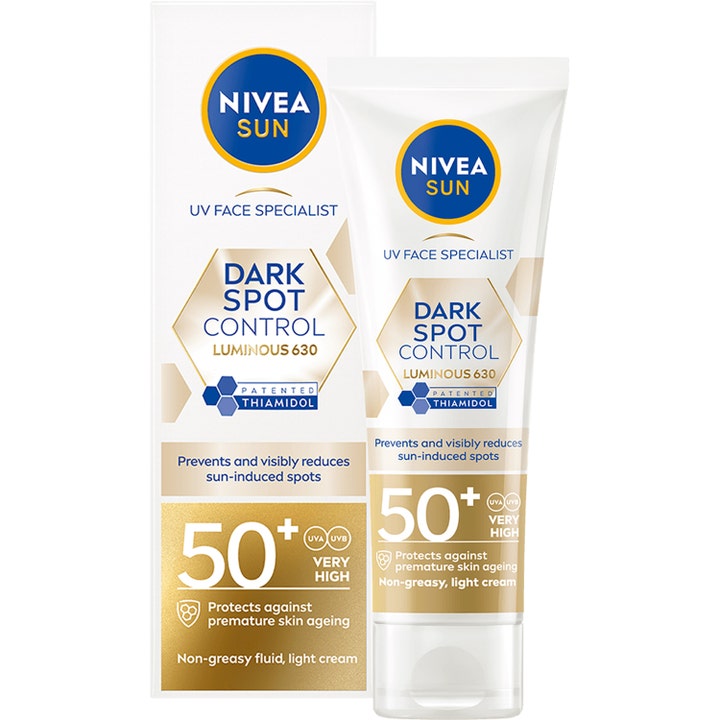 Nivea Sun Dark Spot Control Luminous 630 40 ml pigmenttiläiskiä vaalentava aurinkovoide valkoisessa kultaisessa tuubissa