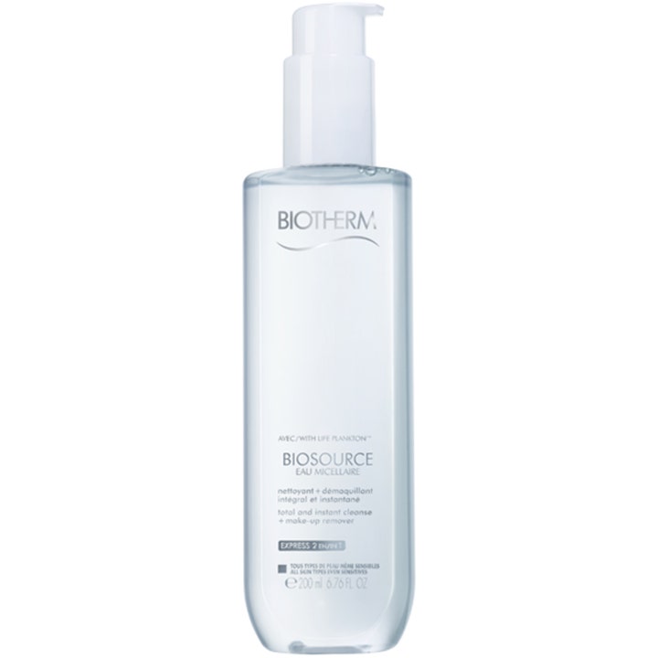 Biotherm Biosource Eau Micellaire 200 ml puhdistava misellivesi läpinäkyvässä pullossa valkoisella pumpulla.