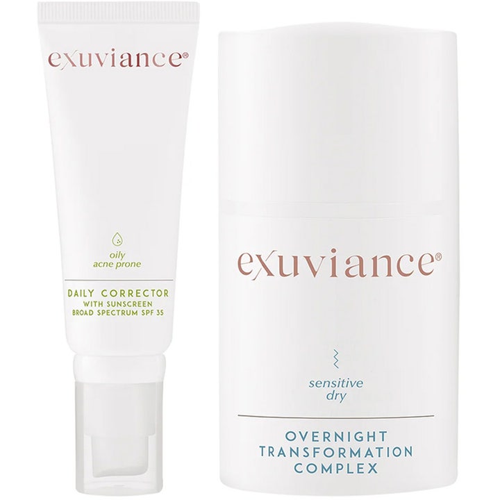 Exuviance Daily Corrector ja Overnight Transformation Complex suojaa ja uudistaa ihoa valkoisessa tuubissa ja purkissa.
