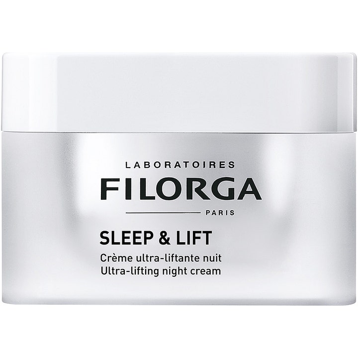 Filorga Sleep & Lift 50 ml kiinteyttävä yövoide hopeisessa purkissa, jossa on valkoinen korkki.