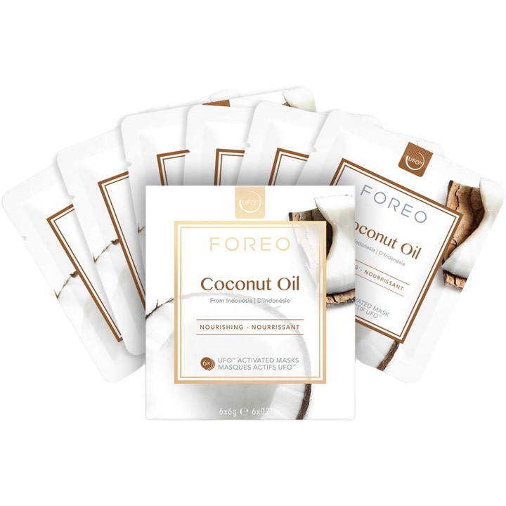 FOREO UFO Mask Natural Collection Coconut Oil 36 g ravitseva kasvonaamio pakkaus ja kuusi pussia kookoskuvalla