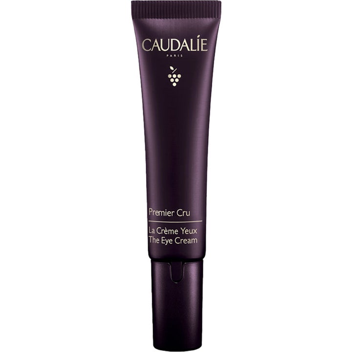 Caudalie Premier Cru The Eye Cream 15 ml kirkastava silmänympärysvoide tummanliilassa tuubissa kultaisilla yksityiskohdilla