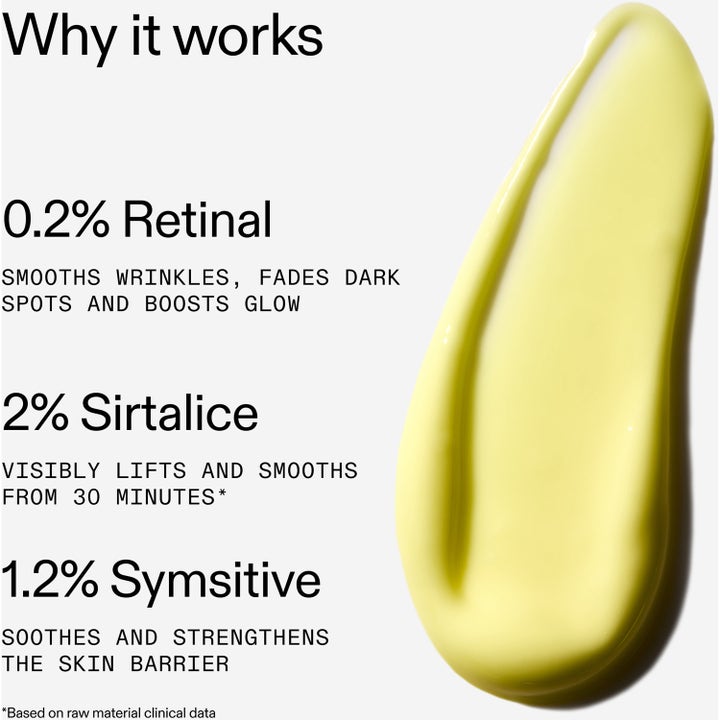 The INKEY List Advanced Retinal Serum 15 ml silottava seerumi ja keltainen koostumus 0,2 % retinal -tekstillä
