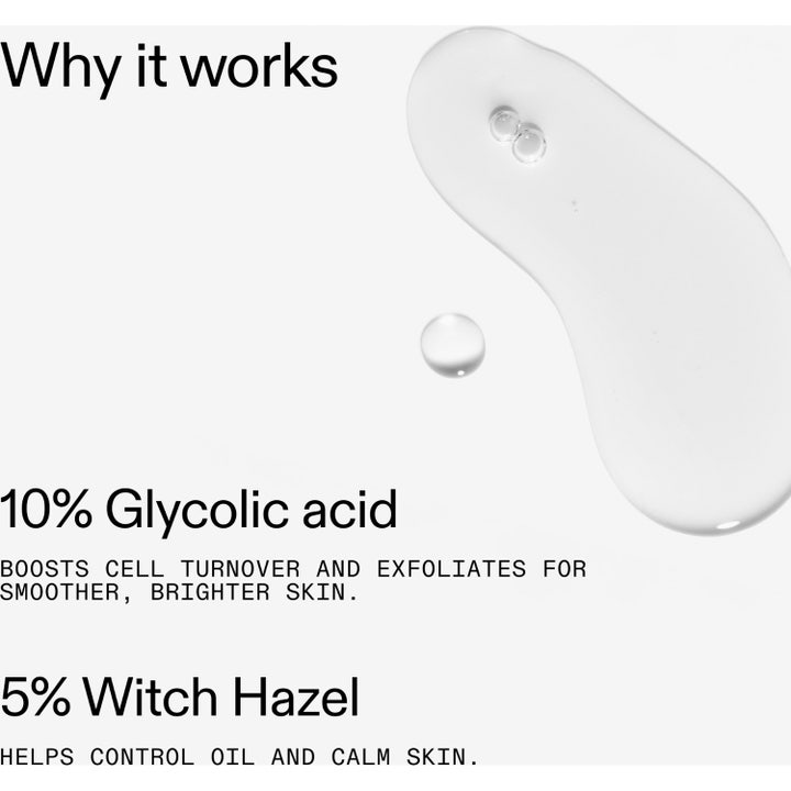 The INKEY List Glycolic Acid Toner 100 ml kirkastava kasvovesi kuorii ihoa 10% glykolihapon ja taikapähkinän avulla.