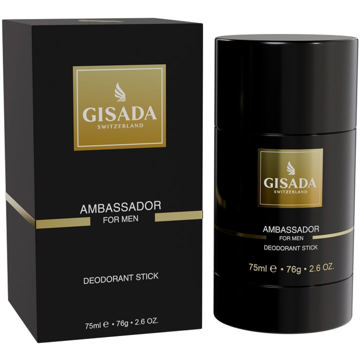 Gisada Ambassador Men Deodorant Stick 75 ml raikkautta antava miesten deodorantti mustassa hylsyssä ja kotelossa.