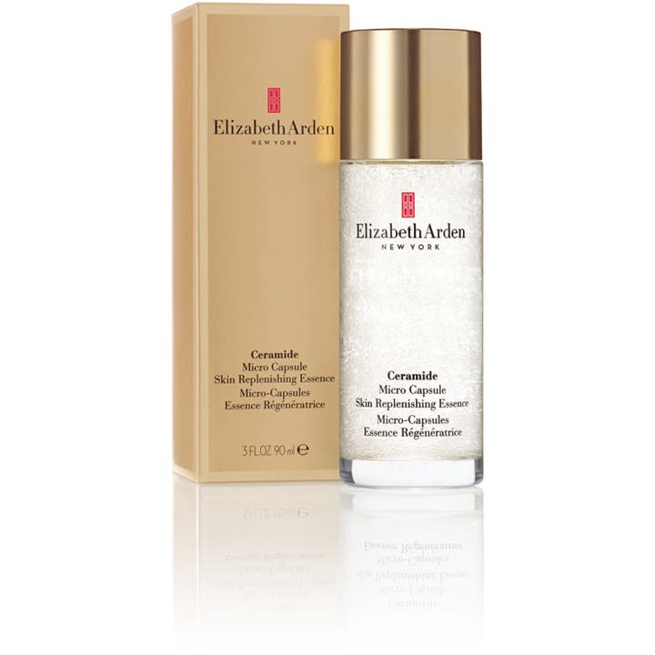 Elizabeth Arden Ceramide Micro Capsule Skin Replenishing Essence 90 ml hoitoneste kirkkaassa kultakorkkisessa pullossa.