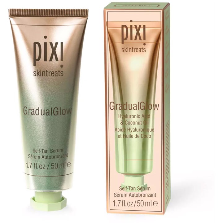 Pixi GradualGlow Self Tan Serum 50 ml asteittain päivettävä seerumi kasvoille pronssinvärisessä tuubissa ja pakkauksessa.