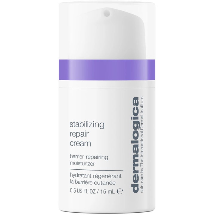 Dermalogica Stabilizing Repair Cream 15 ml rauhoittava kasvovoide valkoisessa pumppupullossa liilalla raidalla.