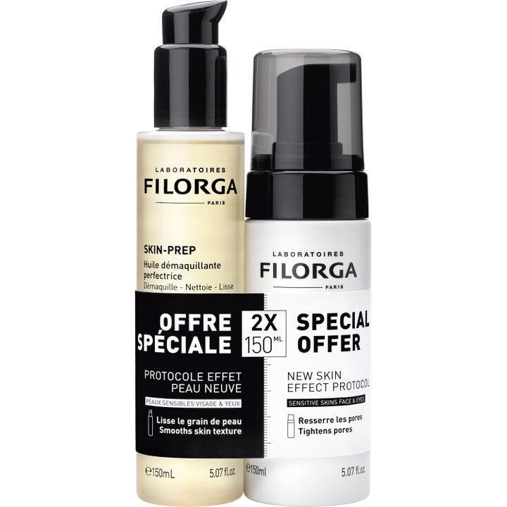Filorga Skin-Prep 2 x 150 ml ihoa silottava ja huokosia supistava puhdistussetti pumppupulloissa mustassa kääreessä