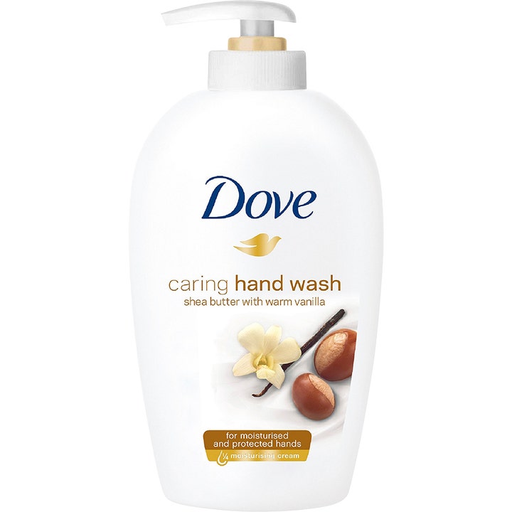Dove Caring Hand Wash hoitava käsisaippua kosteuttaa ihoa valkoisessa pumppupullossa jossa on vaniljankukka