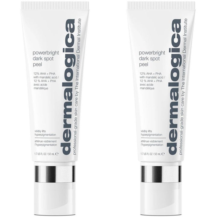 Dermalogica PowerBright Dark Spot Peel 50 ml kirkastava kasvokuorinta kahdessa valkoisessa tuubissa hopeakorkein.